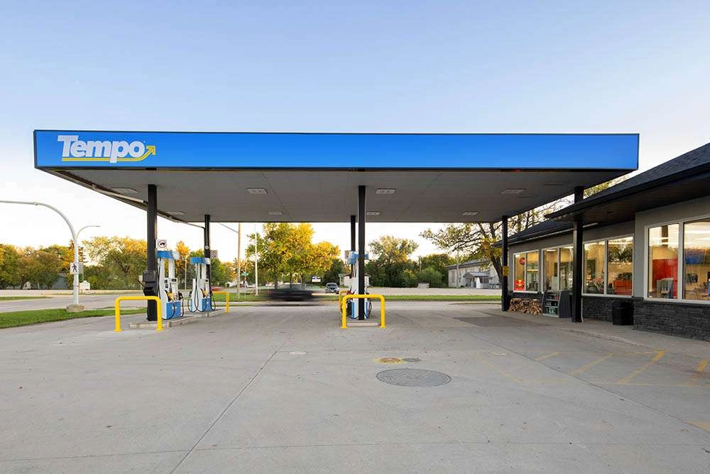 Tempo Gas Station Photography : On Brand - Gas Station Photography 009 Wide angle, straight on. The changing colour of the trees in the background are complimentary to the yellow in the tempo logo. © robert lowdon